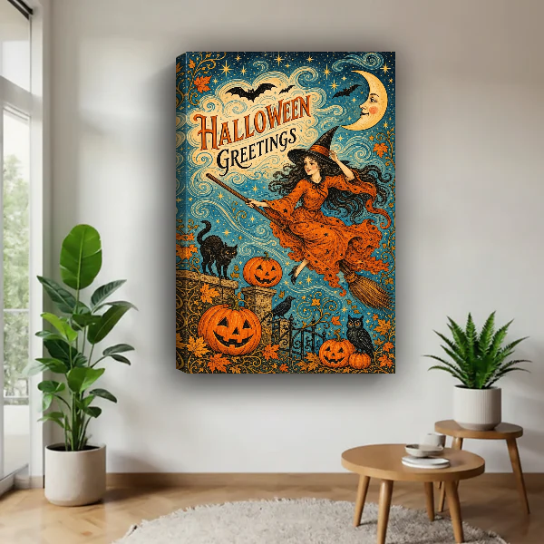 Halloween Greetings Canvas Wall Art unframed above a wood table with green plants.
