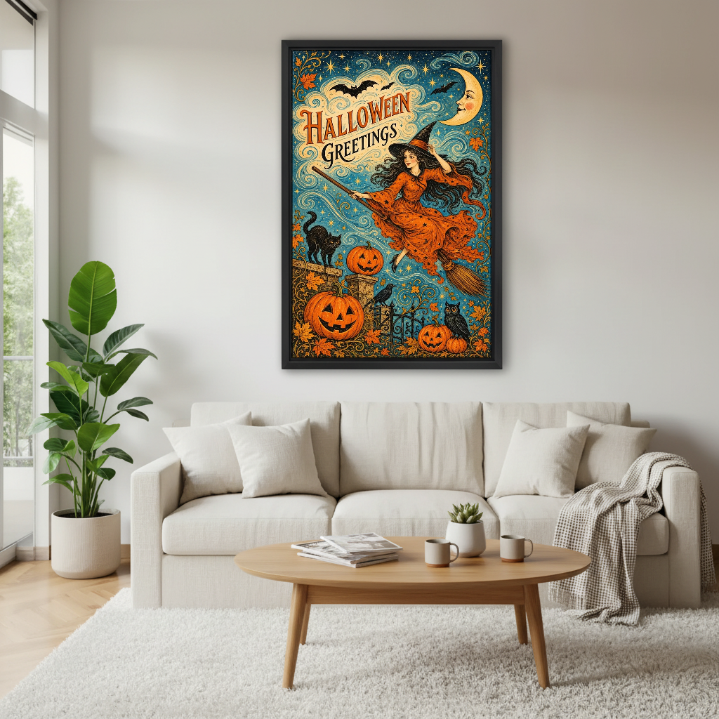 Halloween Greetings Canvas Wall Art framed above a white sofa and round coffee table.