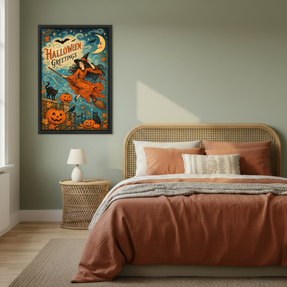 Halloween Greetings Canvas Wall Art framed above copper bedding against a muted olive wall.