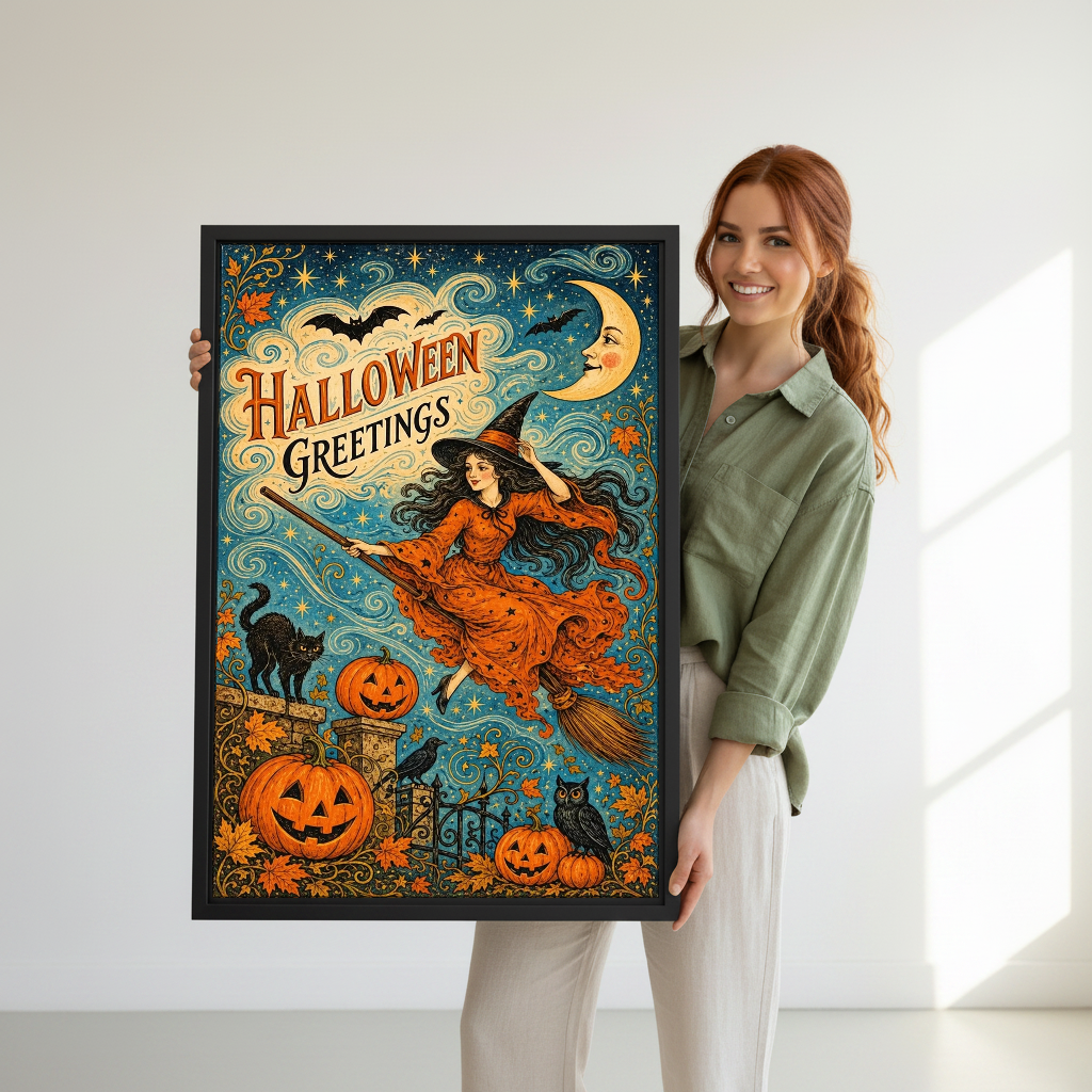 Halloween Greetings Canvas Wall Art held in a black frame by a woman wearing green.