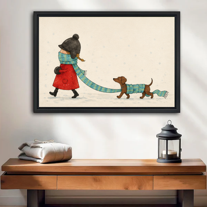Winter Walk Canvas Wall Art framed above a wood console with linen and a lantern.