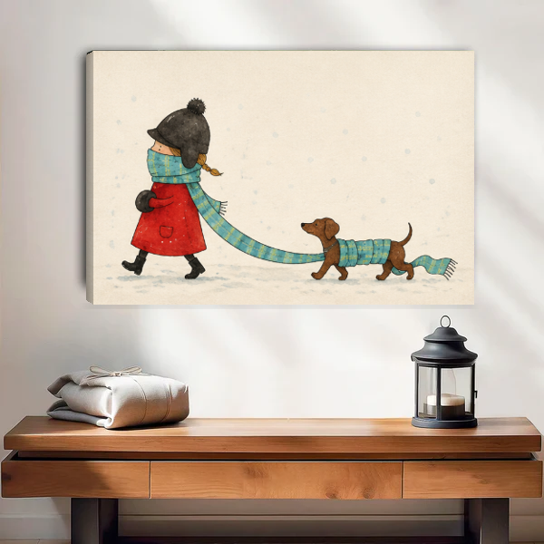 Winter Walk Canvas Wall Art unframed above a wood console with linen and a lantern.