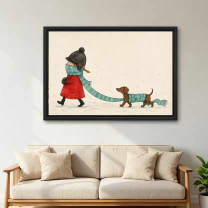 Winter Walk Canvas Wall Art framed above a cream sofa with wooden arms.