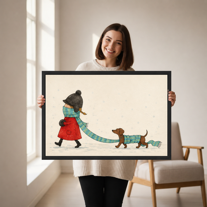 Winter Walk Canvas Wall Art held in a black landscape frame by a standing woman.
