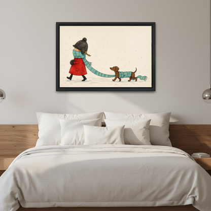 Winter Walk Canvas Wall Art framed above white bedding and a warm wood headboard.