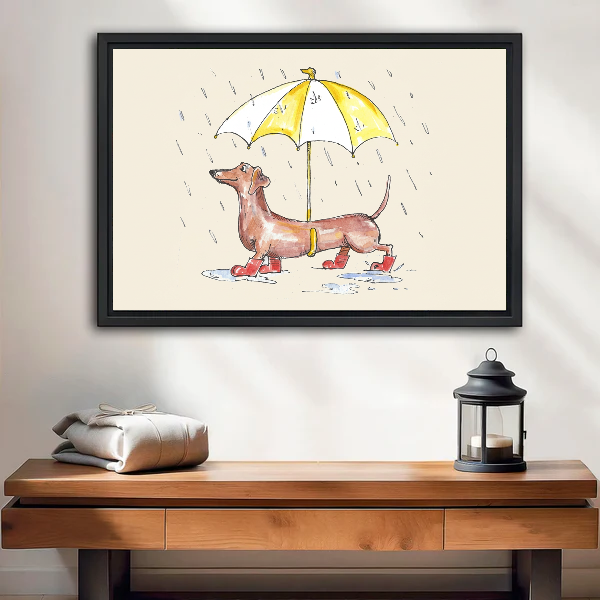 Rainy Dachshund Canvas Wall Art framed above a wood console with linen and a lantern.
