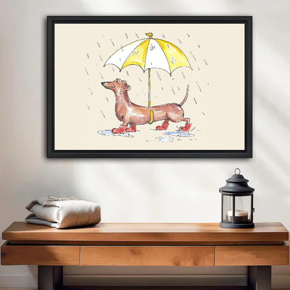 Rainy Dachshund Canvas Wall Art framed above a wood console with linen and a lantern.