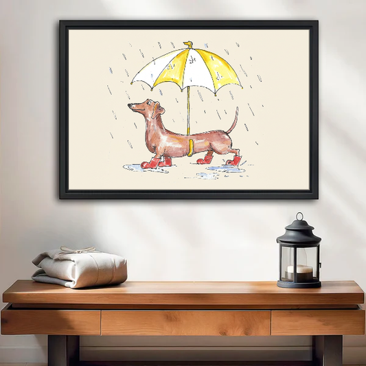 Rainy Dachshund Canvas Wall Art framed above a wood console with linen and a lantern.