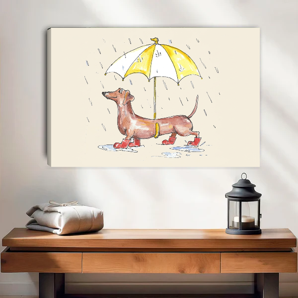 Rainy Dachshund Canvas Wall Art unframed above a wood console with linen and a lantern.