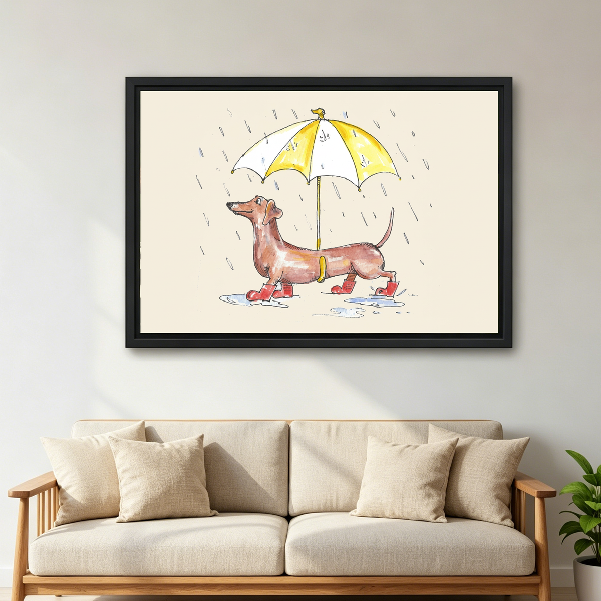 Rainy Dachshund Canvas Wall Art framed above a cream sofa with wooden arms.