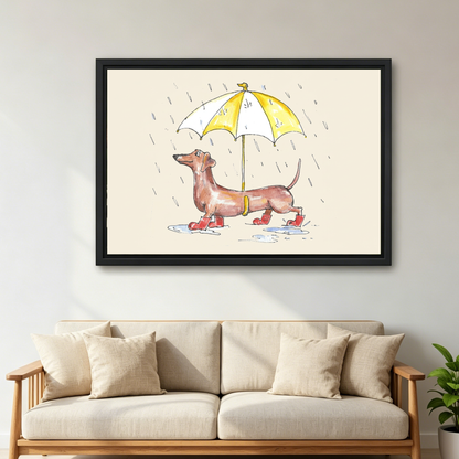 Rainy Dachshund Canvas Wall Art framed above a cream sofa with wooden arms.