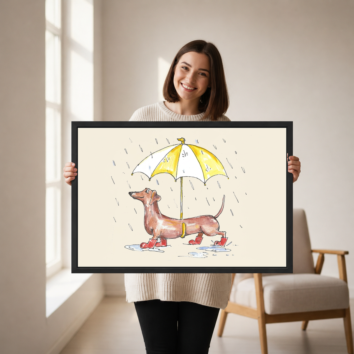 Rainy Dachshund Canvas Wall Art held in a black landscape frame by a standing woman.