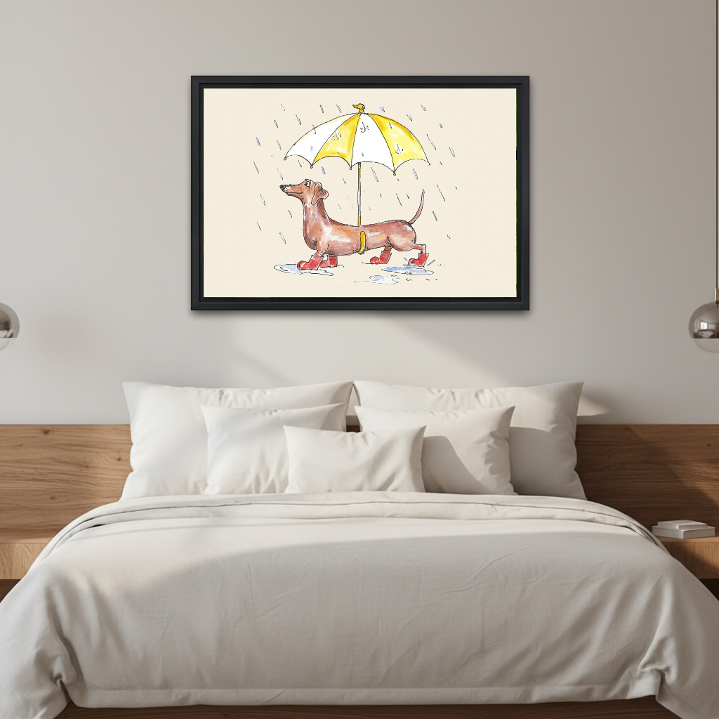 Rainy Dachshund Canvas Wall Art framed above white bedding and a warm wood headboard.