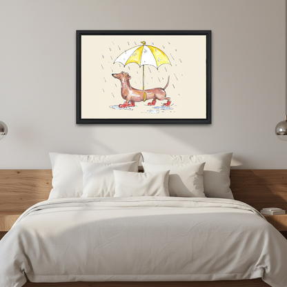 Rainy Dachshund Canvas Wall Art framed above white bedding and a warm wood headboard.