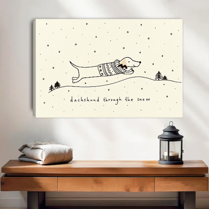 Dachshund Snow Canvas Wall Art unframed above a wood console with linen and a lantern.