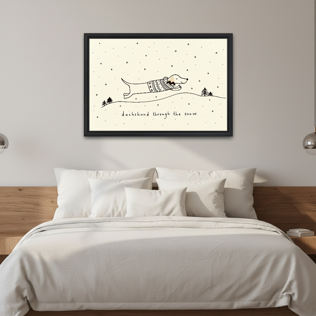 Dachshund Snow Canvas Wall Art framed above white bedding and a warm wood headboard.