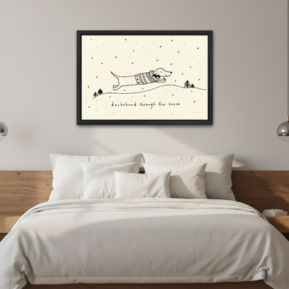 Dachshund Snow Canvas Wall Art framed above white bedding and a warm wood headboard.