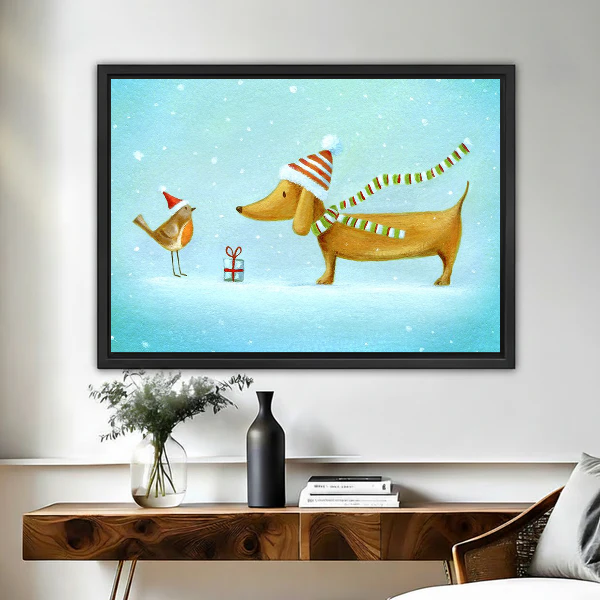 Winter Dachshund Canvas Wall Art framed above a wooden console with black and white vases.