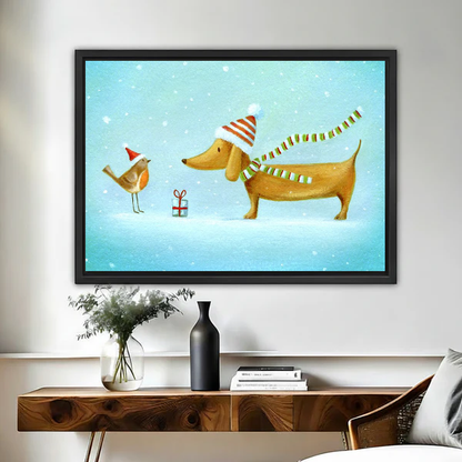 Winter Dachshund Canvas Wall Art framed above a wooden console with black and white vases.