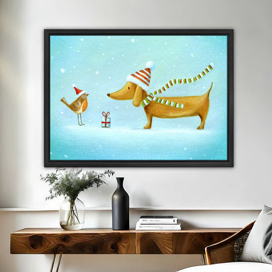 Winter Dachshund Canvas Wall Art framed above a wooden console with black and white vases.