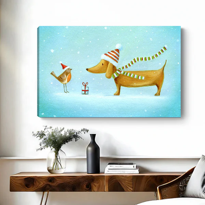 Winter Dachshund Canvas Wall Art unframed above a wooden console with simple vases.