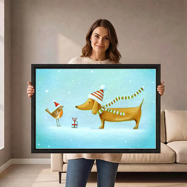 Winter Dachshund Canvas Wall Art held by a standing woman in a neutral room.