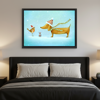 Winter Dachshund Canvas Wall Art framed above a charcoal bed with neutral pillows.