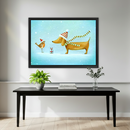Winter Dachshund Canvas Wall Art framed above a black console with small green plants.