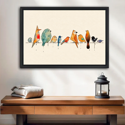 Birds Branch Canvas Wall Art framed above a wood console with linen and a lantern.