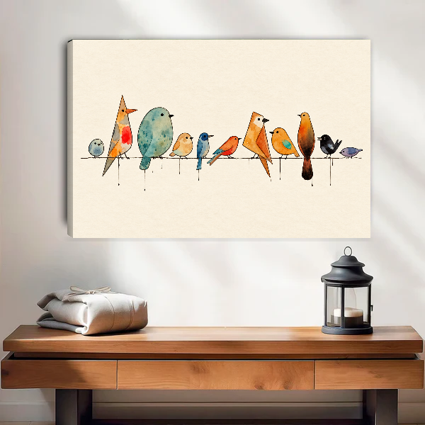 Birds Branch Canvas Wall Art unframed above a wood console with linen and a lantern.