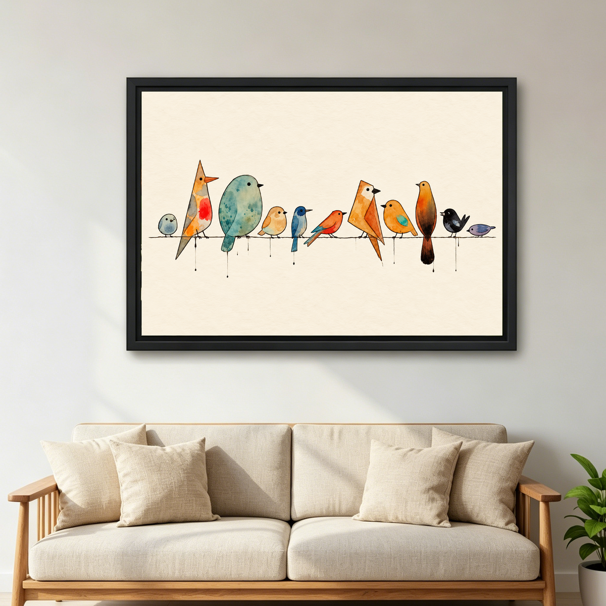 Birds Branch Canvas Wall Art framed above a cream sofa with wooden arms.