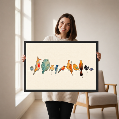 Birds Branch Canvas Wall Art held in a black landscape frame by a standing woman.