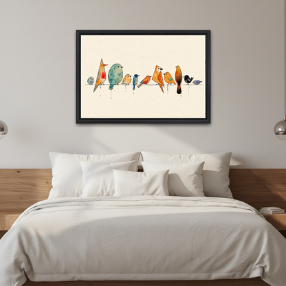 Birds Branch Canvas Wall Art framed above white bedding and a warm wood headboard.