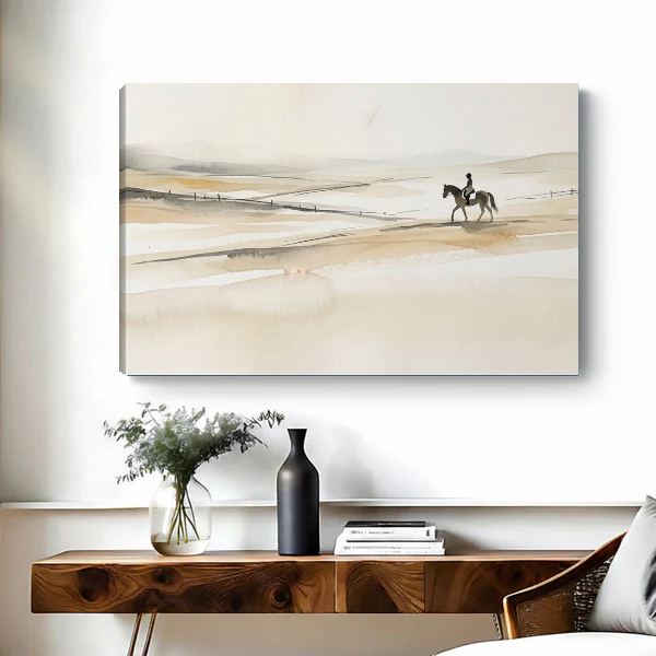 Quiet Rider Canvas Wall Art unframed above a wooden console with simple vases.