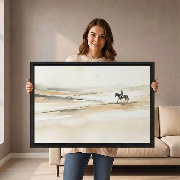 Quiet Rider Canvas Wall Art held by a standing woman in a neutral room.