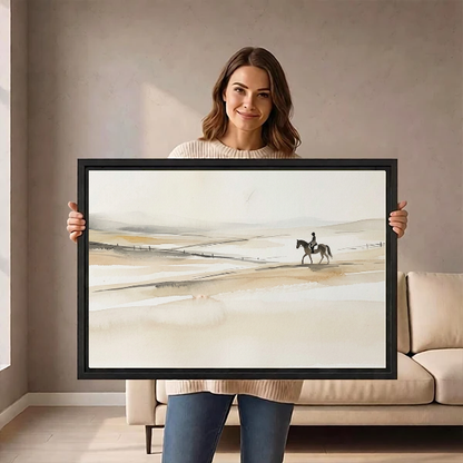 Quiet Rider Canvas Wall Art held by a standing woman in a neutral room.