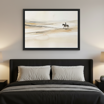 Quiet Rider Canvas Wall Art framed above a charcoal bed with neutral pillows.