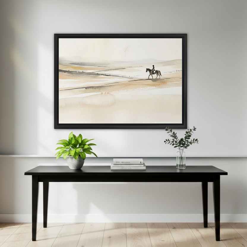 Quiet Rider Canvas Wall Art framed above a black console with small green plants.