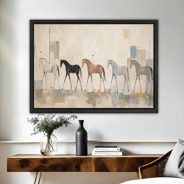 Abstract Horses Canvas Wall Art framed above a wooden console with black and white vases.