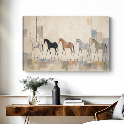Abstract Horses Canvas Wall Art unframed above a wooden console with simple vases.