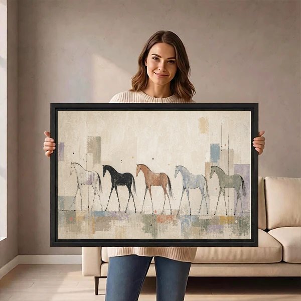 Abstract Horses Canvas Wall Art held by a standing woman in a neutral room.