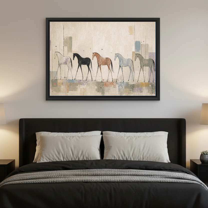 Abstract Horses Canvas Wall Art framed above a charcoal bed with neutral pillows.