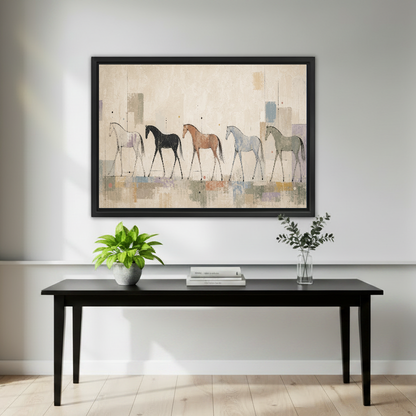 Abstract Horses Canvas Wall Art framed above a black console with small green plants.