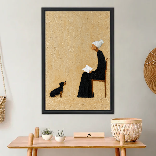 Reading Companions Canvas Wall Art framed above a light wood console with cacti.