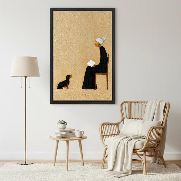 Reading Companions Canvas Wall Art framed beside a wicker armchair with floor lamp.