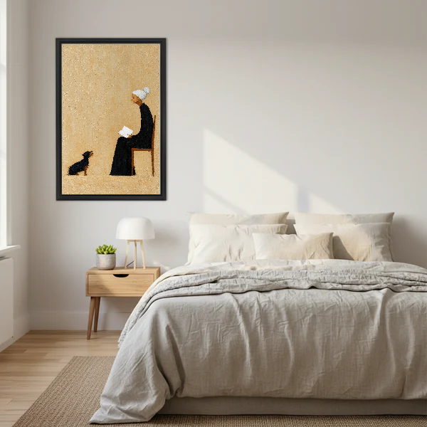 Reading Companions Canvas Wall Art framed above a cream bed with wooden nightstands.