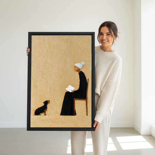 Reading Companions Canvas Wall Art held in a black frame by a standing woman in white.