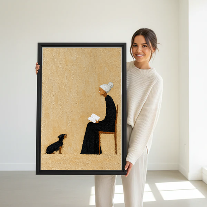 Reading Companions Canvas Wall Art held in a black frame by a standing woman in white.