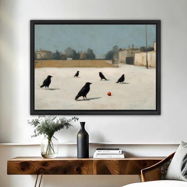 Crows Red Ball Canvas Wall Art framed above a wooden console with black and white vases.