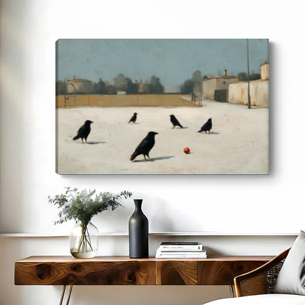 Crows Red Ball Canvas Wall Art unframed above a wooden console with simple vases.